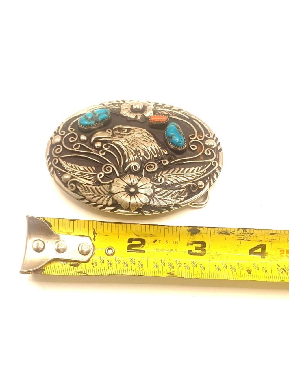 Vintage Navajo Turquoise & Coral Handcrafted Eagle Belt Buckle SSI 88 USA 120g - Picture 6 of 10